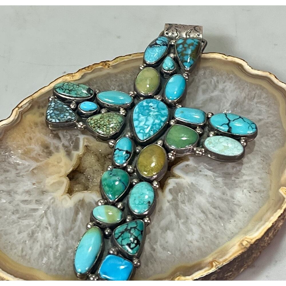 VTG Zuni Turquoise Cluster Sterling Silver Cross Pendant by B Bowekaty 73.4g - Picture 8 of 14